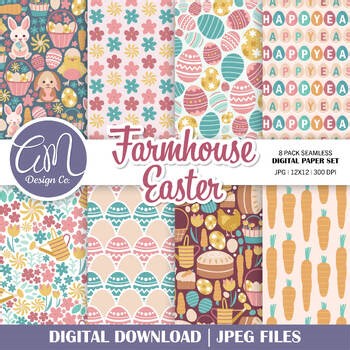 Farmhouse Easter Seamless Pattern or Digital Paper, Cottagecore, Bunny