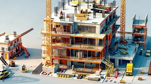 Construction Site in Miniature: A detailed miniature model of a bustling construction site with cranes, vehicles, and workers, showcasing the intricate process of building a modern city.