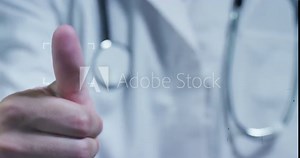 A futuristic doctor, surgeon, finger finger technological digital holographic panel, fingerprint hologram, medical white coat, stethoscope. Concept: futuristic medicine, doctors, laboratory, future.