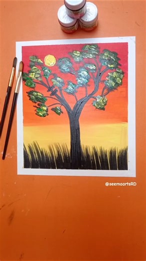 🌅 Easy Tree Painting | Easy Tree & Grass Acrylic Arts #acrylicscenery #artwork
