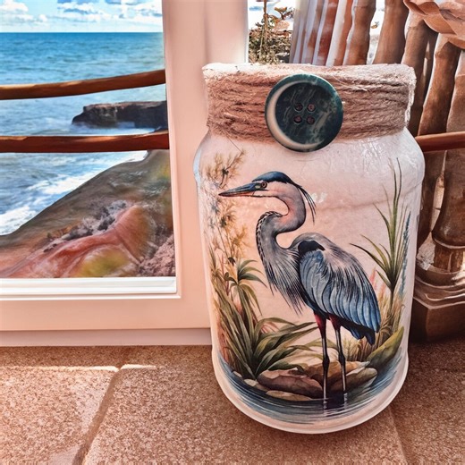 Blue Heron Upcycled Glass Jar, Coastal Decor Vase, Luminary Nautical Beach House Gift, Rustic Heron Art Jar - Etsy