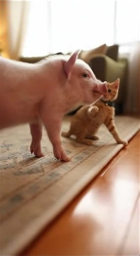Cat Meets Pig Adorable Reaction #shorts #cuteanimals #catlovers