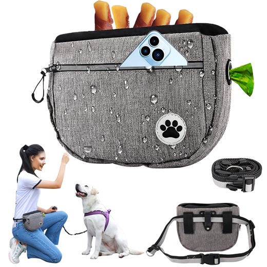 Newborn Dog Treat Pouches Bag for Pet Training，Large Opening Capacity Crossover Self-Closing Bag, Includes Adjustable Waist Strap and Built-in Poop Bag Dispenser，Blue