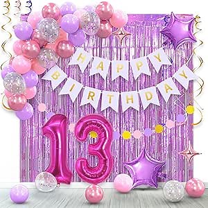 13th Birthday Decorations for Girls Pink Purple - Happy 13th Birthday Party Supplies,13 Year Old Thirteen Birthday Decor, Happy Birthday Banner, Foil Backdrops,Garland,Number 13 Balloons.