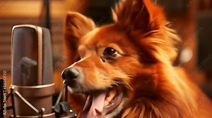 A dog sings into a microphone in a music studio. Artificial intelligence.