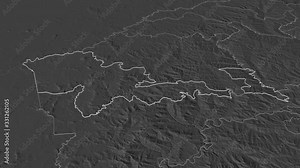 Mafeteng, district with its capital, zoomed and extruded on the bilevel map of Lesotho in the conformal Stereographic projection. Animation 3D