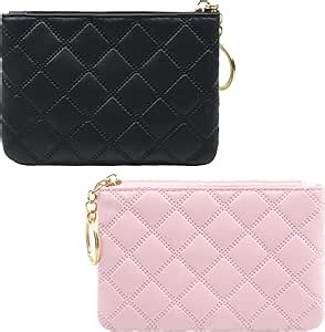 2Pcs Small Coin Purse for Women Mini PU Leather Zipper Change Pouch Wallet Card Holder with Key Chain for Credit Card Money Key Headset Lipstick (Black, Pink)
