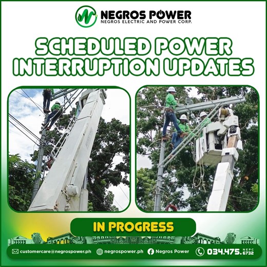 SCHEDULED POWER INTERRUPTION UPDATES Date & Time: October 12, 2025 as of 10:40AM Yari ang mga ongoing maintenance activities subong sa; HF1 - from Lag-asan or Hilangban Substation, Brgy. Lag-asan, San Esteban Phase 2, San Sebastian Village, Brgy. Balingasag (Prk. Potat, Prk. Rosal, Prk. Violetas), San Gabriel Subd., Bago City Hospital, Brgy. Sampinit, Busay, Villa Cristeta, Southbay Subdivision, South Valley, HDA. Yusay, portion of Brgy. Calumangan until Bangga Ma. Morena HF2 - The whole area of