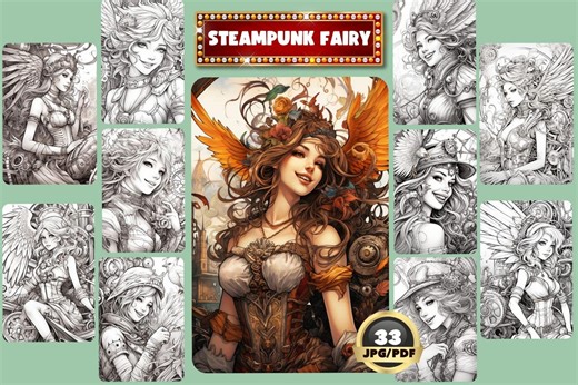 Steampunk Fairy Coloring Book: Grayscale Portrait Art (printable PDF) - Etsy