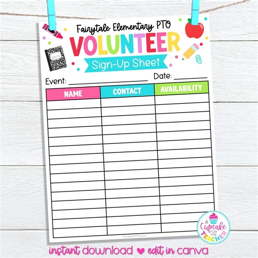 Editable PTO Volunteer Sign-up Sheet Template | Back to School PTO PTA Sign-up | School Volunteers | Edit in Canva - Etsy