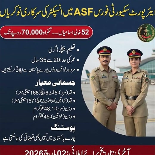 ASF Inspector Jobs 2026 | 52 Vacancies | Salary 70,000 PKR | Apply Online Across Pakistan