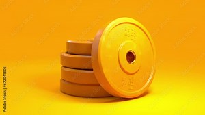 Dynamic 3D Animation: Yellow weight plates stack up against a vibrant background. Camera zooms in, capturing the essence of fitness, sport, and weight lifting. For gym, health, and wellness concepts.