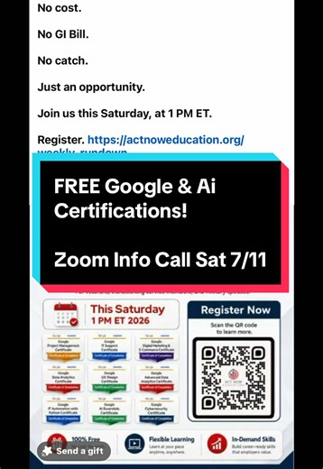 Act Now for FREE Google IT and Ai Certifications! These are 1 year programs. Get into Act Now Education Community FB Group or go directly to the link to register Actnoweducation.org Stop sleeping on tech credentials … learn these skills! They are high demand & high paying careers! #veteransoftiktok #veteraneducation #veterans #servicemembers