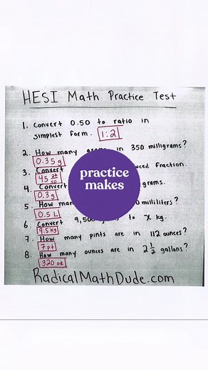 Math Practice Test Answers #hesi #teas #hesimathreview #mathdudehesi #mathdude #radicalmathdude #futurenurse #nursingschool #prenursing
