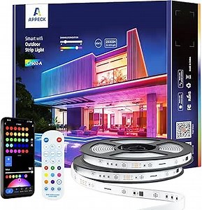 APPECK WiFi Outdoor LED Strip Lights Waterproof, 65.6ft Smart LED Outdoor Lights, RGB+IC Color Changing Rope Lights Compatible with Alexa, App Control Music Sync LED Light Strips for Eave Roof Pool