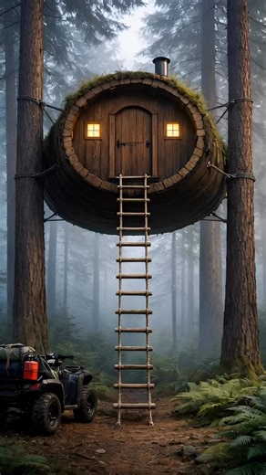 Hidden deep in the forest, this secret treehouse rests between two tall pine trees stays invisible. Built inside a hollow log, this safe and self-sufficient home is completely off-grid, blending seamlessly into the wilderness. Would you feel safe living here? #hiddenhome #offgridliving #forest #SecretHome #wildernesslife | True North Build
