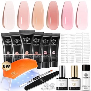 modelones Poly Gel Nail Kit 6 Colors with 8 W Nail Lamp Nail Extension Gel Kit Jelly Gel Milky White Pink Nude Complete Starter Kit for Beginner Nail Thickening Solutions DIY at Home for Women