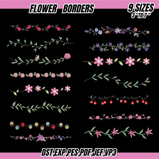 Floral Border Embroidery Designs,flowers Borders Embroidery, Creative Machine Patterns (instant Download) 9 Sizes - Etsy