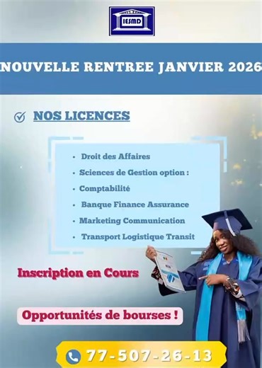 NOUVELLE RENTREE JANVIER 2026 (IESMD), les inscriptions se poursuivent dans nos programmes de Droit des Affaires et de Sciences de Gestion accrédités par l'anaq-sup. Votre demande d'admission cliquez sur le lien ➡️➡️➡️ https://docs.google.com/forms/d/e/1FAIpQLSfdCw-PM30lyKdvazo1MJ5RemiJMFW-U2iv8R5Dfv6LQhOl6w/viewform?usp=pp_url&entry.496478895=SCIENCES DE GESTION voir attestation d'accréditation en images 🌐 www.iesmd-sn.org 📧 contact@iesmd-sn.org 📞775072613 | IESMD