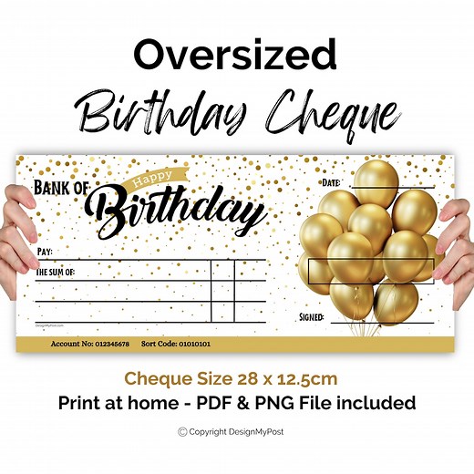 Blank Birthday Cheque Gifting Check Template. Printable Pretend Oversized Cheque. Print at Home Money Present. Faux Gift Cheque. - Etsy