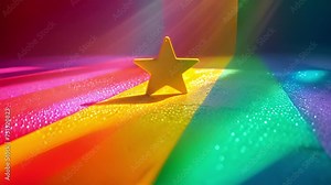 3d animation, abstract colorful star background with rainbow color neon glowing lines and reflection floor. Star rainbow star rainbow particles 4k video effect