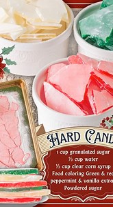 20K views · 139 reactions | CHRISTMAS HARD CANDY! 1 cup granulated sugar ⅓ cup water ⅓ cup clear corn syrup Food coloring Green & red peppermint & vanilla extract Powdered sugar | Easy Recipes | Facebook