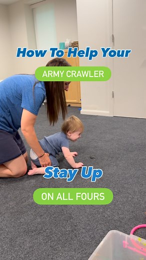 If your baby is stuck in army crawling, here’s what you need to know- ✨Babies should be able to move onto quadruped crawling, even if they’re the fastest army crawlers in the world! ✨ If they’re not progressing on, it’s because their muscles aren’t strong enough. Maybe they are struggling to push up through straight arms, or their hips are too wide and not strong enough to lift up and tuck their knees under them. ✨Strengthening those muscles groups now is super important because they’re the same