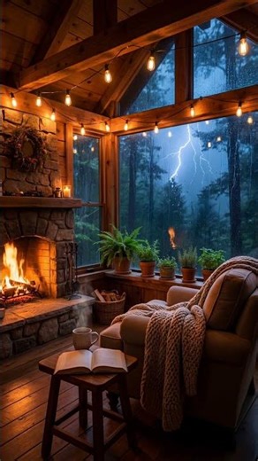 POV: Cozy Cabin During a Thunderstorm 🌧️ Rain & Fireplace