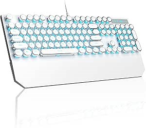 MageGee Typewriter Mechanical Gaming Keyboard, Retro Punk White Round Keycaps, 104 Keys LED Blue Backlit Wired Keyboards for Laptop MAC PC Gamer, with Magnetic Wrist Rest, Blue Switch