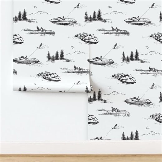 Lake House Wallpaper: Vintage Toile Water Skiing, Peel and Stick Wall Mural - Etsy