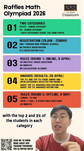Raffles Math Olympiad (RMO) is one of the most popular math competitions for upper primary students. Check out the details of this year's RMO competition! For more information, feel free to scan the QR code above or contact us at 65 9678 9315. Visit our website: www.themathclassroom.com.sg to find out more. 😊 Stay tuned for more updates from us! - The Math Classroom | The Math Classroom
