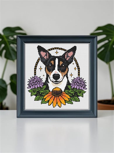 Tri Color Dog Cross Stitch Pattern PDF – Mixed Breed Dog With Bergamot and Coneflower Floral Portrait - Instant Download - Etsy
