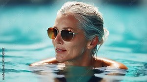 Senior elderly woman over age of 50 in swimsuit, hat and sunglasses relaxing in resort swimming pool. Happy retired female enjoying summer vacation in hotel. All inclusive. Copy space.