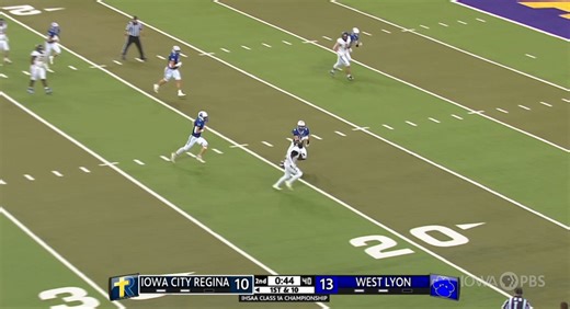 Iowa City Regina takes their first lead of the game! Savion Miller finds the end zone and the extra point is good. It's 17-13 with 0:40 seconds left before halftime. Regina Catholic Schools | Iowa PBS