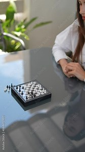 Two women engaging in a game of chess on a glass table with focus and concentration