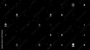 Template animation of evenly spaced plus–minus signs of different sizes and opacity. Animation of transparency and size. Seamless looped 4k animation on black background with stars