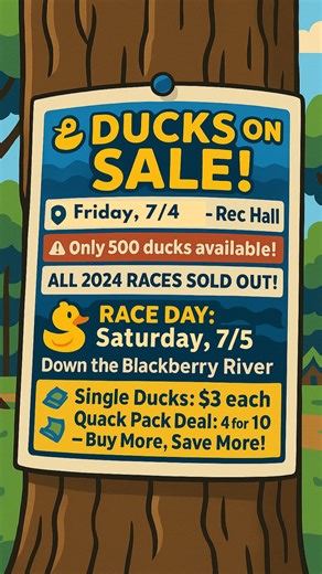 🦆🚨 THE DUCKS DROP AT 9AM — DON’T MISS YOUR CHANCE! You've waited all summer… and now it’s time. 💛 The legendary Duck Race returns THIS WEEKEND at Lone Oak! 💸 Ducks go on sale TODAY (7/4) at 9AM SHARP in the Rec Hall — and YES, we’ve sold out in under an hour before! 🐥 $3 per duck or grab a Quack Pack (4 for $10) 🎯 More ducks = more chances to WIN big 💰 AND help buy toys for CCMC kids ❤️ 🏁 Race Day: Saturday, July 5 @ 1PM (Rain Date: Sunday) 🎥 Watch the video to feel the chaos, the glory