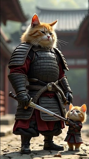 A fat cat in full samurai armor, holding a katana with pride