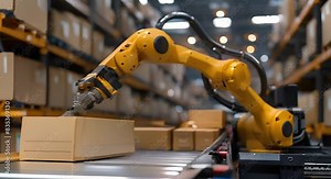 Robot sorts and places items into boxes in packaging process. Concept Robotics, Automation, Packaging Industry, Sorting Technology, Manufacturing Systems