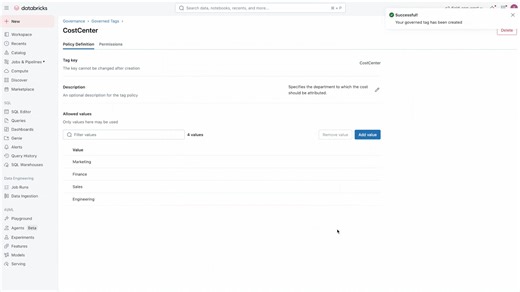 Enforce consistent, secure tagging across data and AI assets with Governed Tags in Unity Catalog! Teams are already using Governed Tags to: 🏷️ Enforce consistent tagging across workspaces 🏷️ Simplify discovery by unifying data AI assets under common labels 🏷️ Strengthen compliance with account-level policies and ABAC 🏷️ Track usage and optimize costs by business unit Now in public preview: https://www.databricks.com/blog/enforce-consistent-secure-tagging-across-data-and-ai-assets-governed-ta