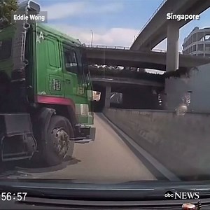 Dashcam captures the moment a truck veers into the path of a car, creating a massive collision. The driver of the car escaped with only bruised fingers. abcnews.com | ABC News