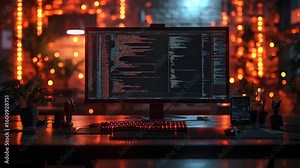 Modern software development workplace setup with multiple monitors displaying code and data