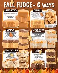 Your favorite autumn desserts, now in fudge form 6 recipes to try 🎃🍂 Ingredients 🟧 Butterscotch 22 ounces butterscotch morsels (chips) 14 ounces condensed milk, sweetened ¼ teaspoon salt 🟧 Caramel 14 ounces sweetened condensed milk 1¼ cups dark brown sugar, tightly packed ½ cup salted sweet cream butter 3 tablespoons light corn syrup 1½ cups good quality white baking chips 1 to 2 teaspoons coarse sea salt 🟧 Buckeye Peanut Butter Fudge Layer 1 cup unsalted butter 1½ cups creamy peanut butter