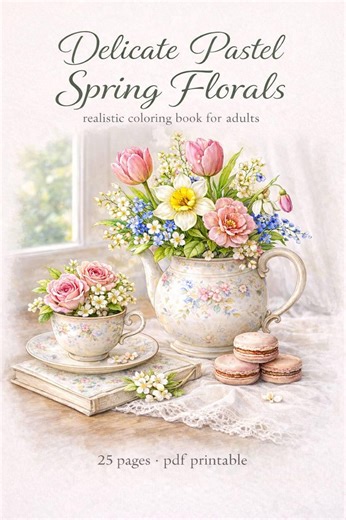 25-page - Realistic Coloring Pages for Adults – Delicate Pastel Spring Florals | Botanical Printable PDF - Etsy