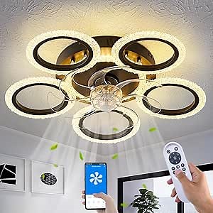 Crystal Ceiling Fan with Light and Remote, Black Low Profile Ceiling Fans with Lights, Flush Mount Ceiling Fan with 3 Light Color 6 Speeds, Fandelier Ceiling Fan for Kitchen Bedroom