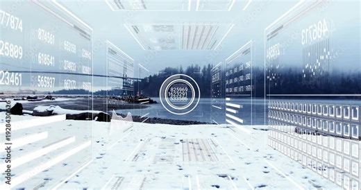 Sensor pinging and HUD overlay appearing over snowy shoreline, streaming scan data for analysis