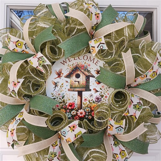 Spring Birdhouse Wreath Farmhouse Front Porch Decor 22 Inch Mesh - Etsy