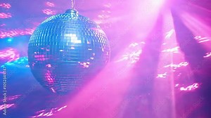 A blue disco ball with pink lights shining on it. Scene is fun and energetic, as it is a representation of a party or dance