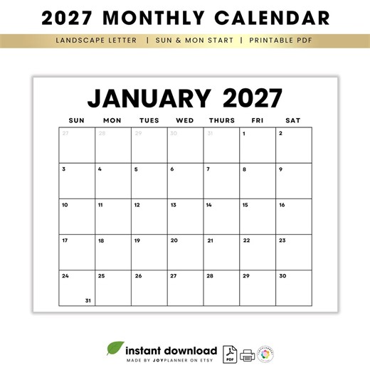 2027 Monthly Minimalist Calendar Printable (sunday, Monday Start) (PDF Download) | Landscape Letter | Print at Home | 2027 12 Month Planner - Etsy