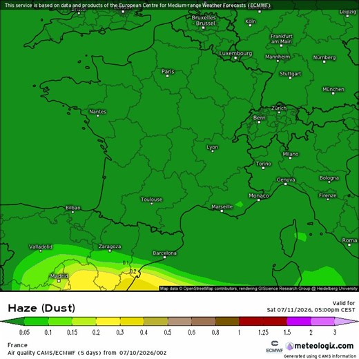 On passe progressivement dans la phase 2 de cette #canicule avec une masse d'air de plus en plus d'origine saharienne. A partir de dimanche, les concentrations de sable saharien deviendront notables. Ces concentrations resteront parfois assez élevées jusqu'à au moins milieu de semaine prochaine.Cela aura une influence certainement en premier lieu sur les températures nocturnes qui seront très élevées. Ce qui rendra la récupération d'autant plus difficile après des journées pleinement caniculaire